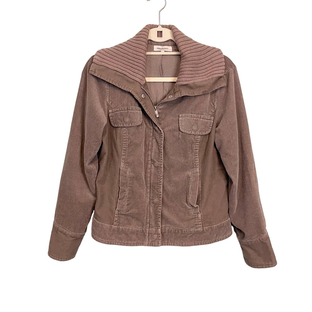 John Rocha Women's Brown Corduroy Ribbed Trim Zip Snap Bomber Jacket Size 12